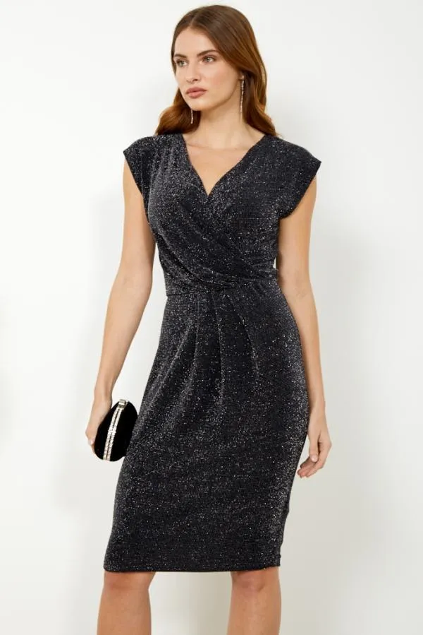 Sosandar Dresses Women Pewter Metallic Faux Wrap Front Dress