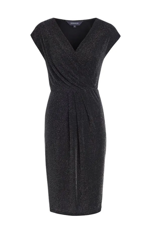 Sosandar Dresses Women Pewter Metallic Faux Wrap Front Dress