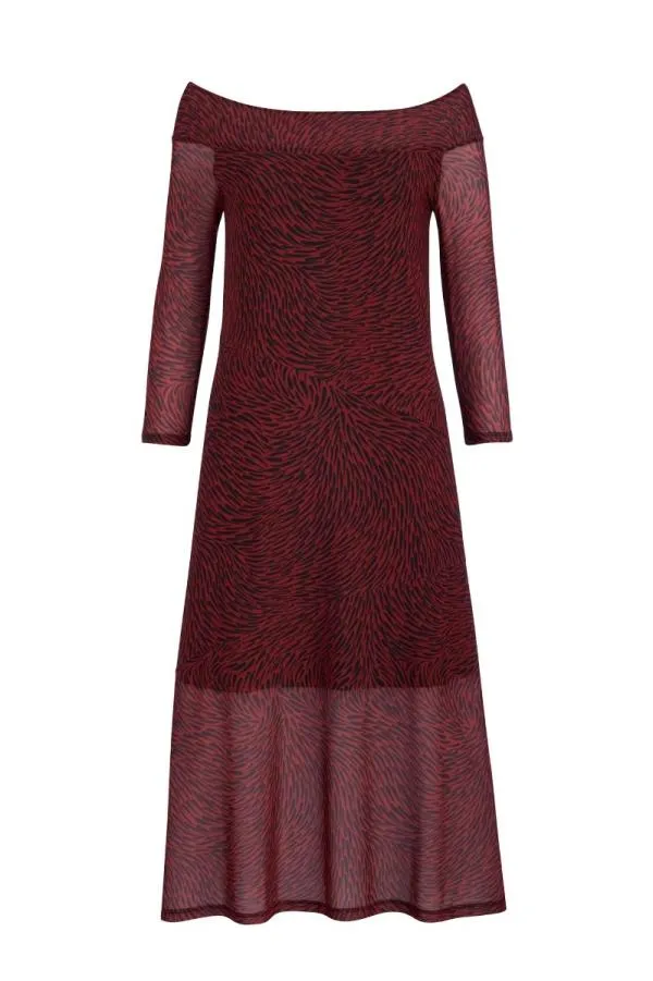 Sosandar Dresses Women Red and Black Print Bardot Mesh Midi Dress Red Black