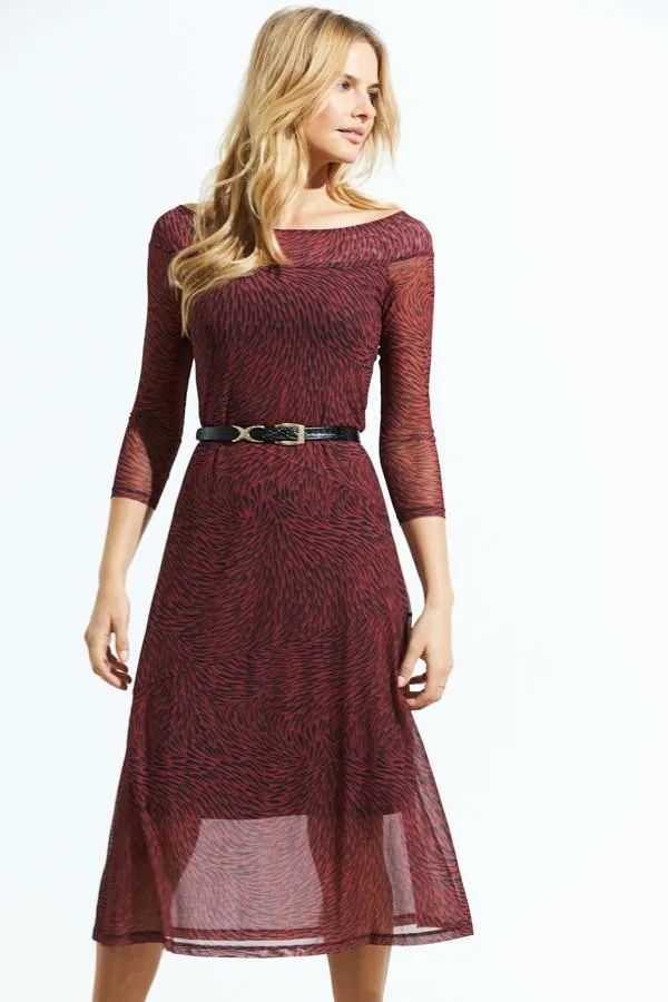 Sosandar Dresses Women Red and Black Print Bardot Mesh Midi Dress Red Black