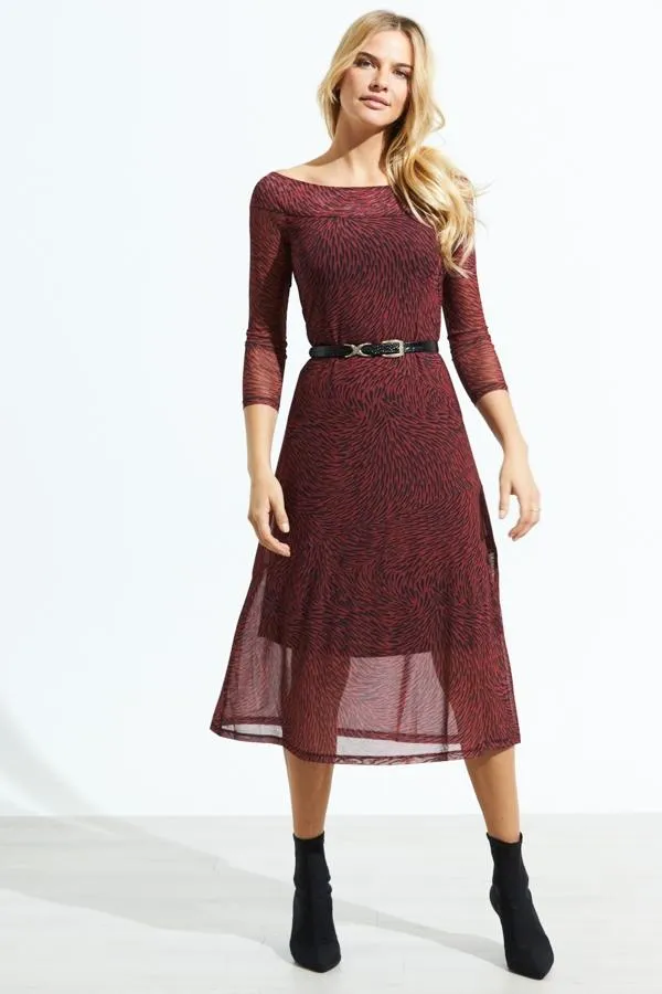 Sosandar Dresses Women Red and Black Print Bardot Mesh Midi Dress Red Black
