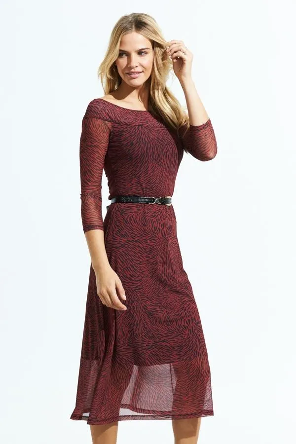 Sosandar Dresses Women Red and Black Print Bardot Mesh Midi Dress Red Black