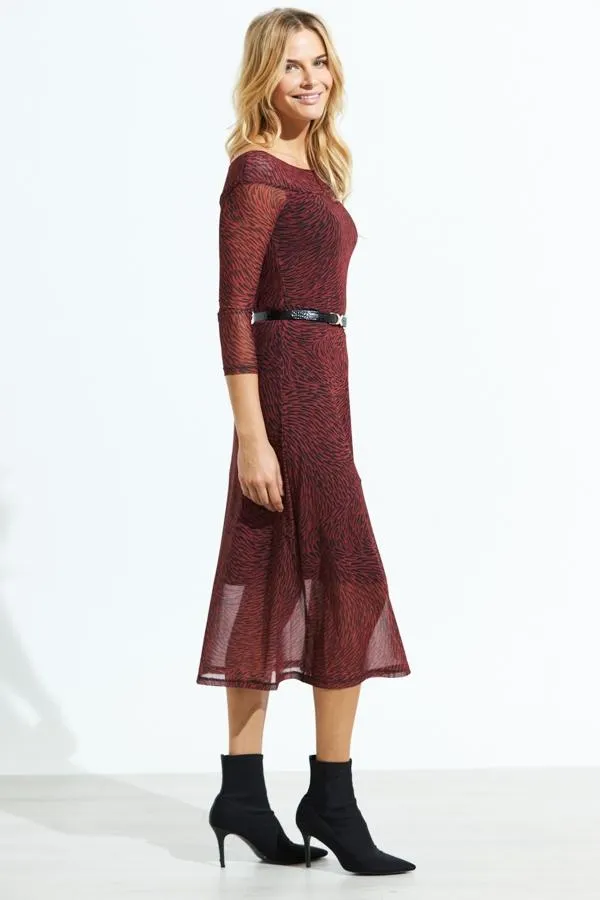 Sosandar Dresses Women Red and Black Print Bardot Mesh Midi Dress Red Black