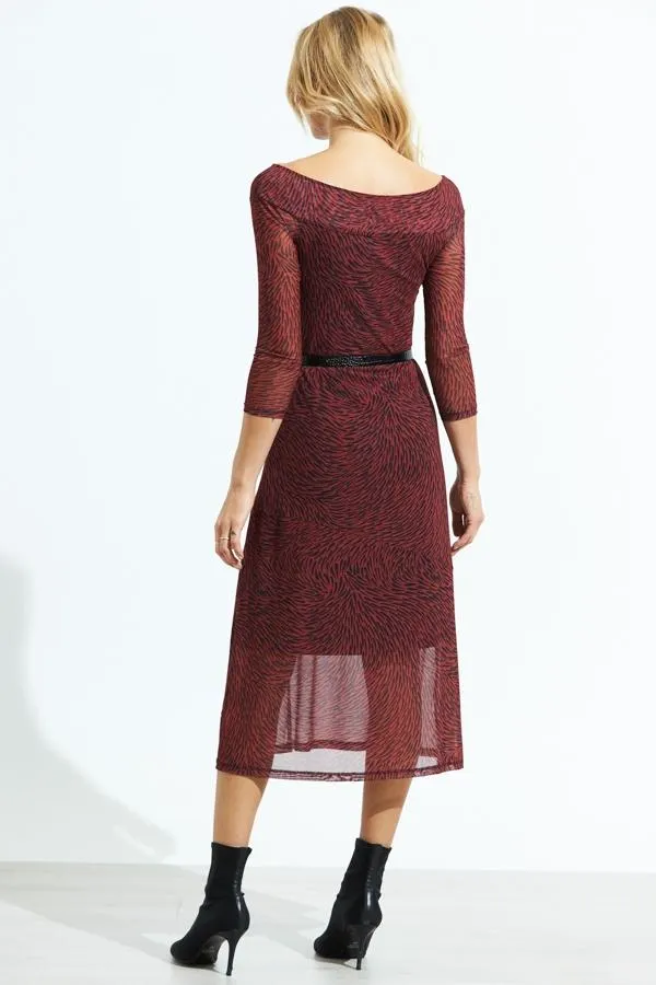 Sosandar Dresses Women Red and Black Print Bardot Mesh Midi Dress Red Black