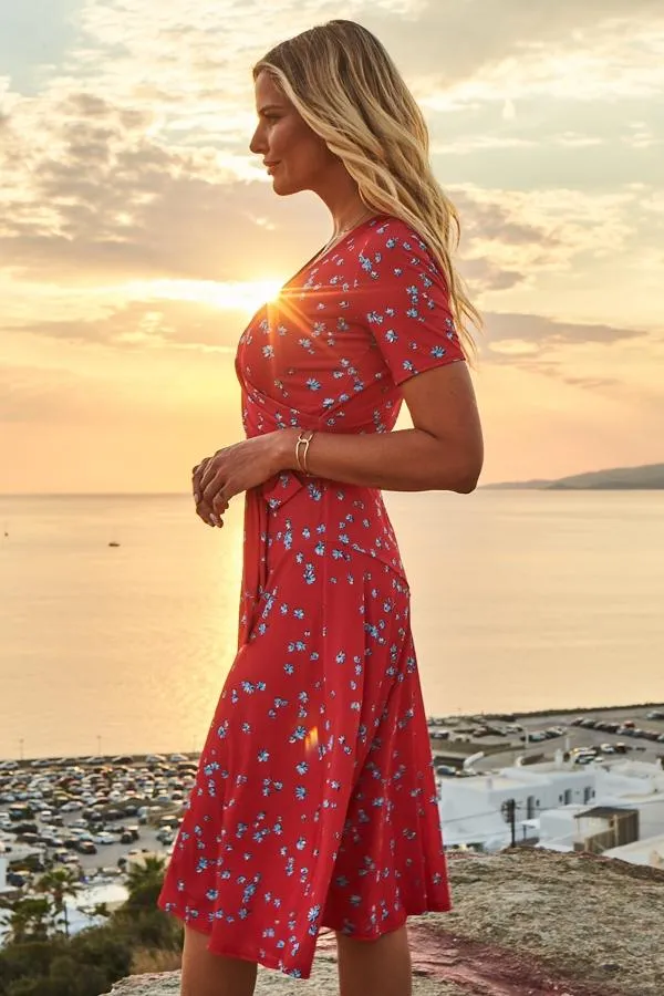 Sosandar Dresses Women Red and Blue Ditsy Floral Print Midi Wrap Dress Red Blue