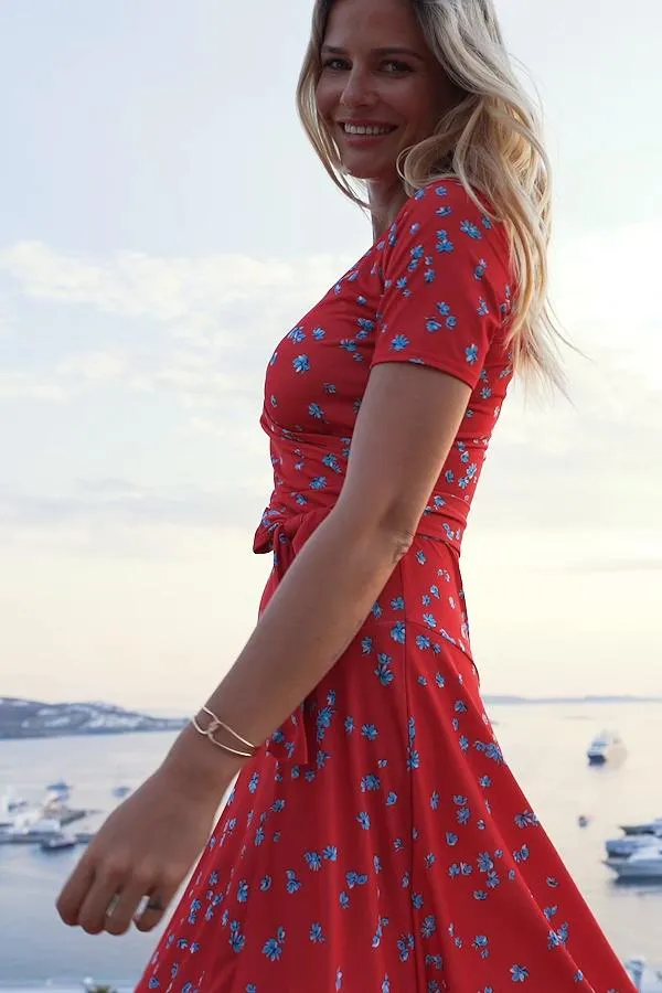 Sosandar Dresses Women Red and Blue Ditsy Floral Print Midi Wrap Dress Red Blue