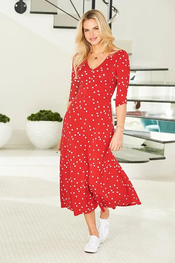 Sosandar Dresses Women Red and White Spot Print Jersey Midi Dress Red White