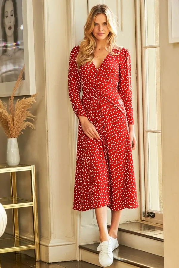 Sosandar Dresses Women Red and White Spot Print Ruched Front Dress Red White
