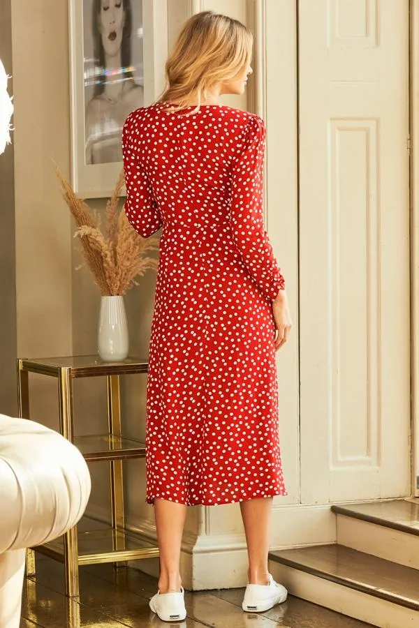 Sosandar Dresses Women Red and White Spot Print Ruched Front Dress Red White