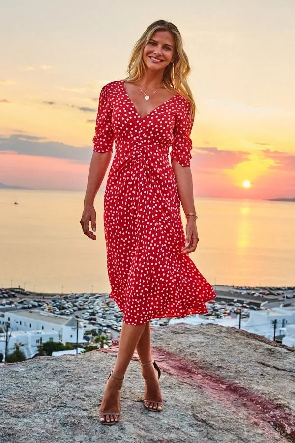 Sosandar Dresses Women Red and White Spot Print Ruched Front Fit and Flare Dress Red White Sosandar Dresses Women Red and White Spot Print Ruched Front Fit and Flare Dress Red White