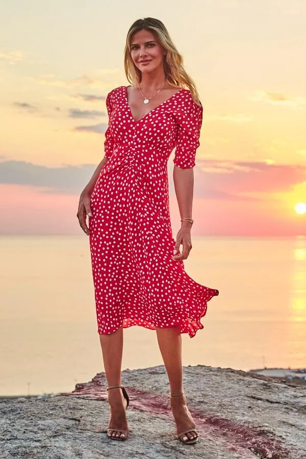 Sosandar Dresses Women Red and White Spot Print Ruched Front Fit and Flare Dress Red White