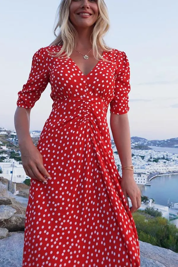 Sosandar Dresses Women Red and White Spot Print Ruched Front Fit and Flare Dress Red White