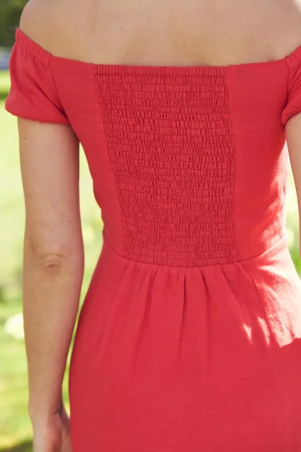 Sosandar Dresses Women Red Button Front Linen Bardot Midi Dress Red