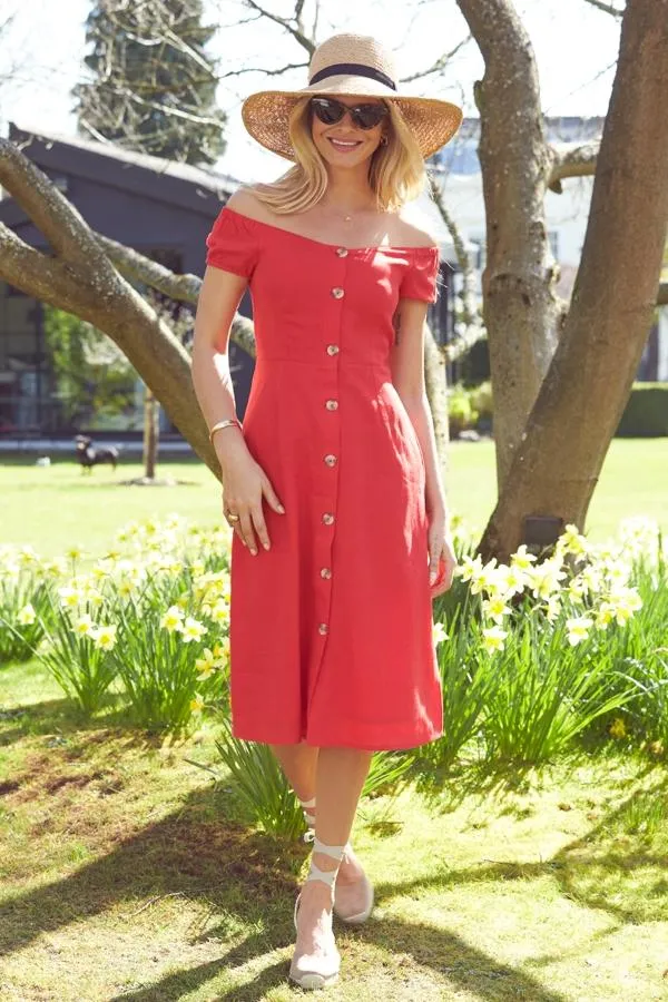 Sosandar Dresses Women Red Button Front Linen Bardot Midi Dress Red