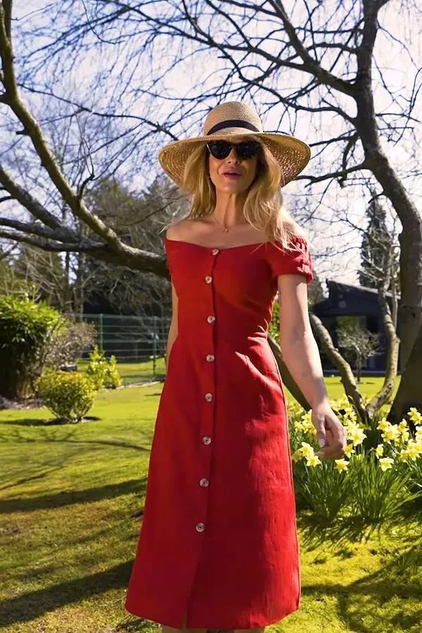 Sosandar Dresses Women Red Button Front Linen Bardot Midi Dress Red