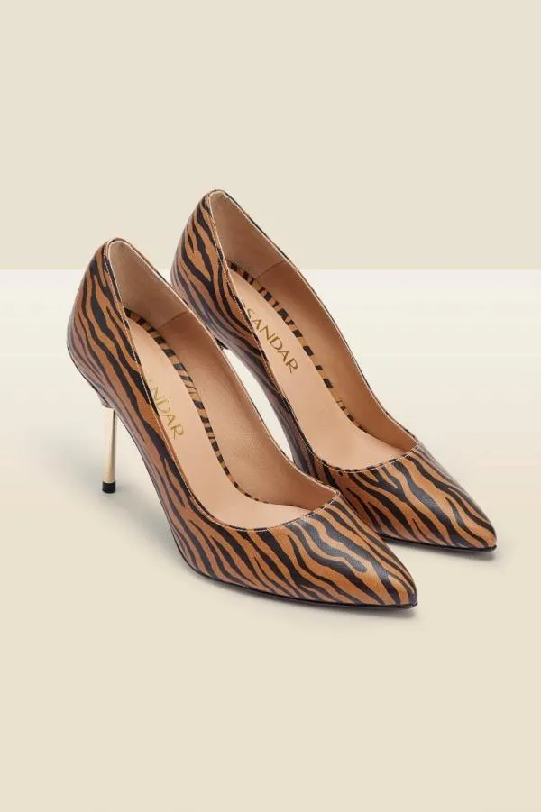 Sosandar Heels Women Capri Tiger Print Leather Metal Heel High Court Shoe