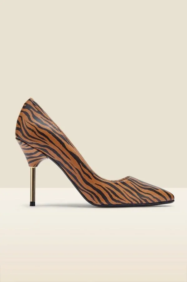 Sosandar Heels Women Capri Tiger Print Leather Metal Heel High Court Shoe