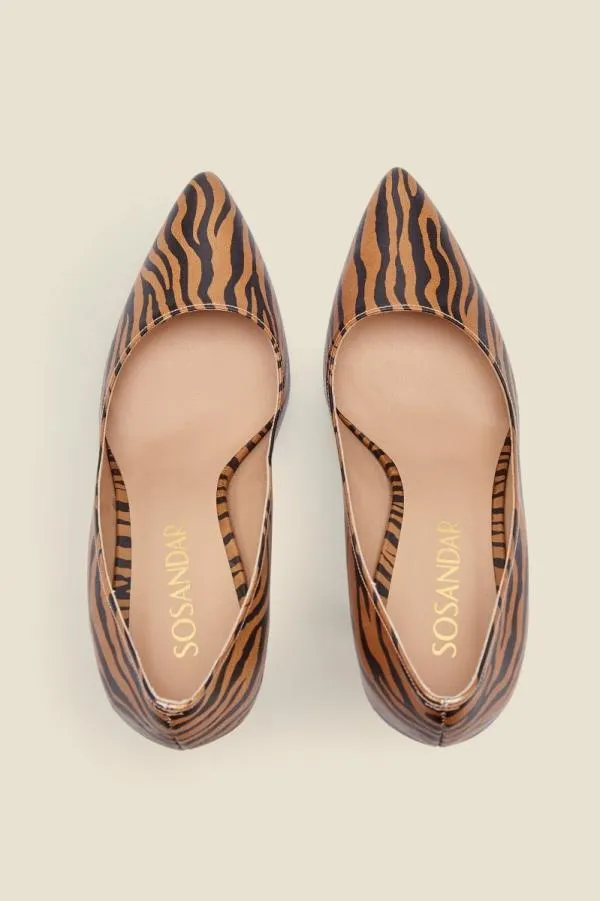 Sosandar Heels Women Capri Tiger Print Leather Metal Heel High Court Shoe