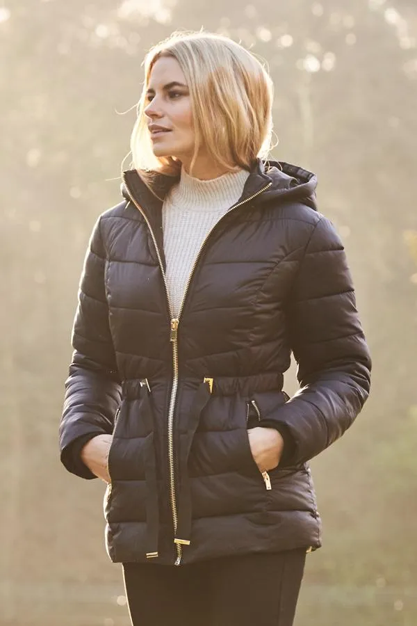 Sosandar Jackets and Coats Women Black Luxe Gold Trim Padded Coat With Adjustable Waist Black Sosandar Jackets and Coats Women Black Luxe Gold Trim Padded Coat With Adjustable Waist Black
