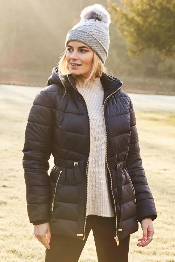 Sosandar Jackets and Coats Women Black Luxe Gold Trim Padded Coat With Adjustable Waist Black