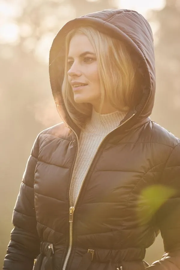 Sosandar Jackets and Coats Women Black Luxe Gold Trim Padded Coat With Adjustable Waist Black