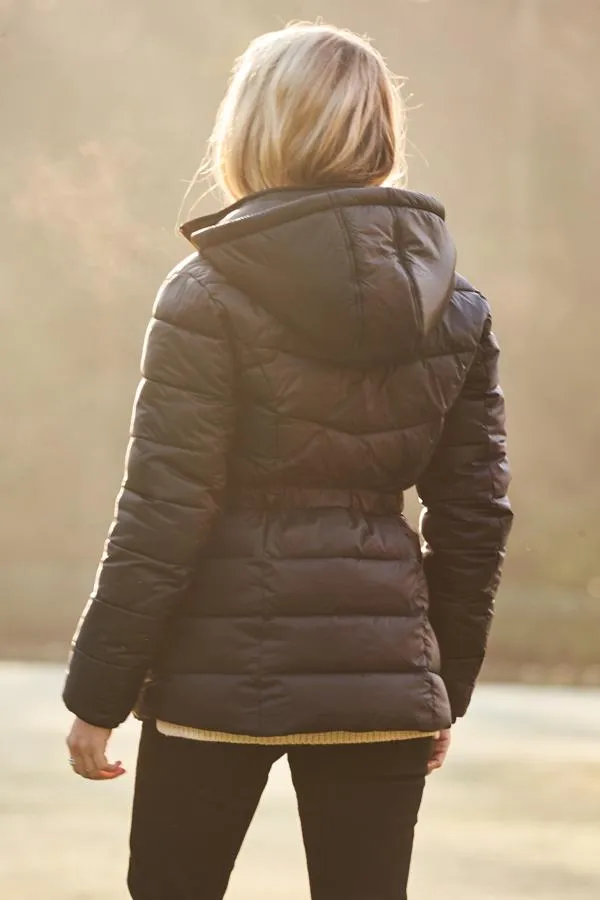 Sosandar Jackets and Coats Women Black Luxe Gold Trim Padded Coat With Adjustable Waist Black