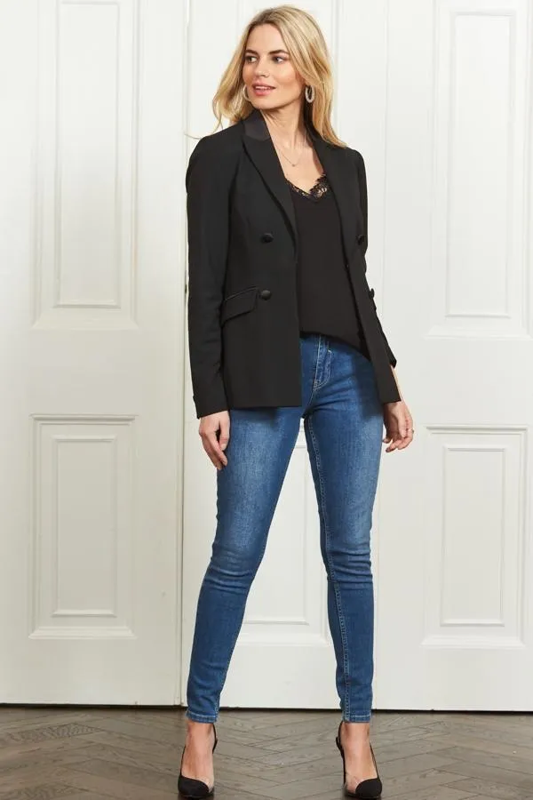 Sosandar Jackets and Coats Women Black Silky Detail Tuxedo Blazer Black