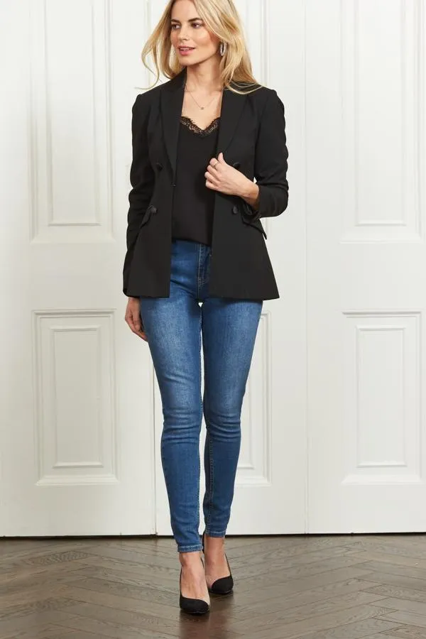 Sosandar Jackets and Coats Women Black Silky Detail Tuxedo Blazer Black