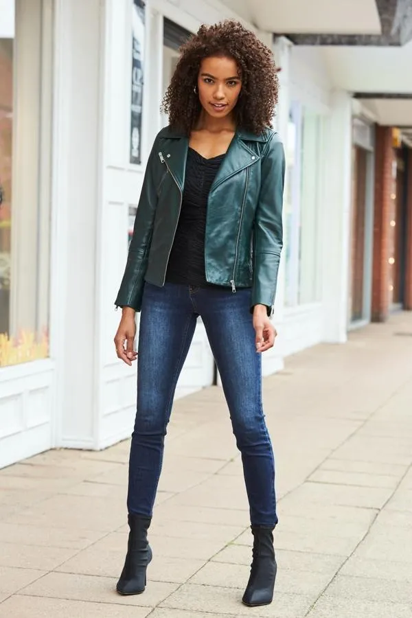 Sosandar Jackets and Coats Women Dark Green Leather Biker Jacket Dark Green