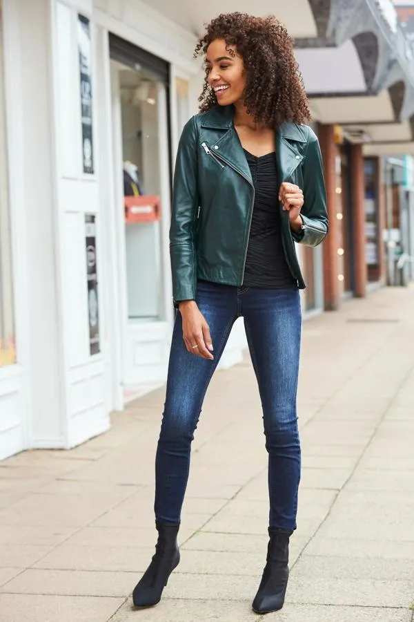 Sosandar Jackets and Coats Women Dark Green Leather Biker Jacket Dark Green