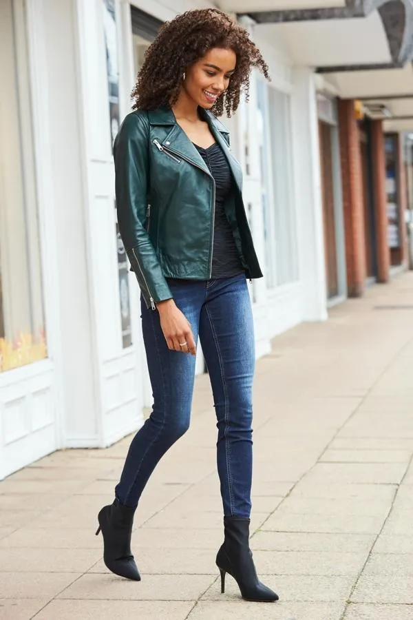 Sosandar Jackets and Coats Women Dark Green Leather Biker Jacket Dark Green