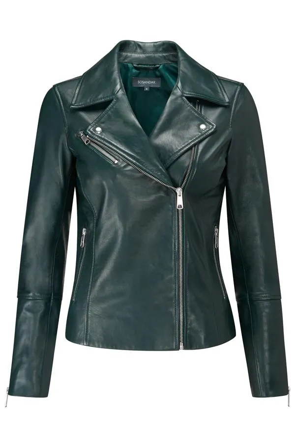 Sosandar Jackets and Coats Women Dark Green Leather Biker Jacket Dark Green