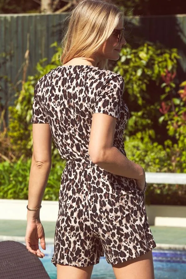 Sosandar Jumpsuits and Playsuits Women Leopard Print Belted Jersey Playsuit With Pockets