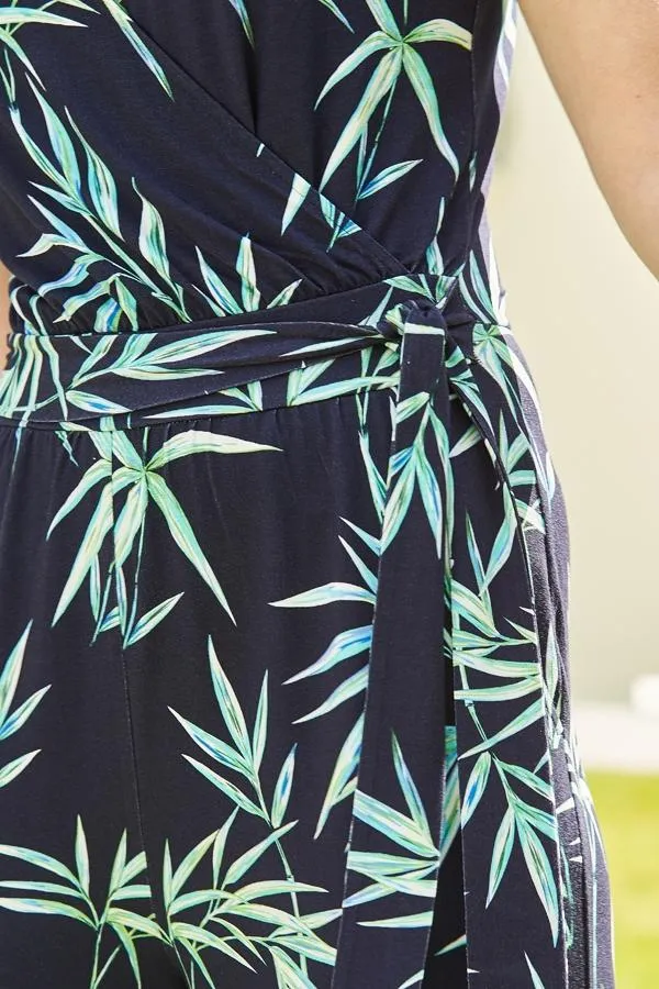 Sosandar Jumpsuits and Playsuits Women Navy Blue Palm Print Tie Waist Jersey Jumpsuit Navy Blue
