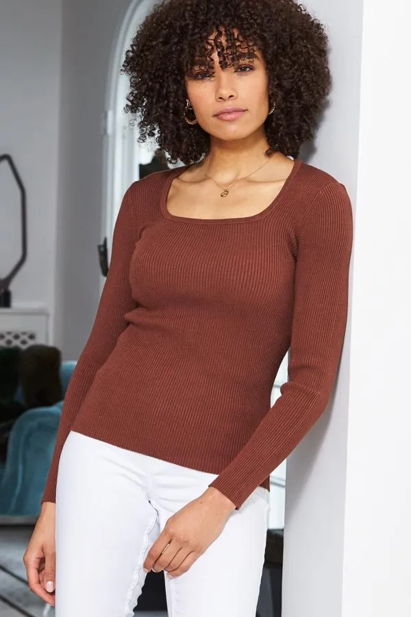 Sosandar Knitwear Women Chocolate Ribbed Scoop Neck Fine Knit Jumper