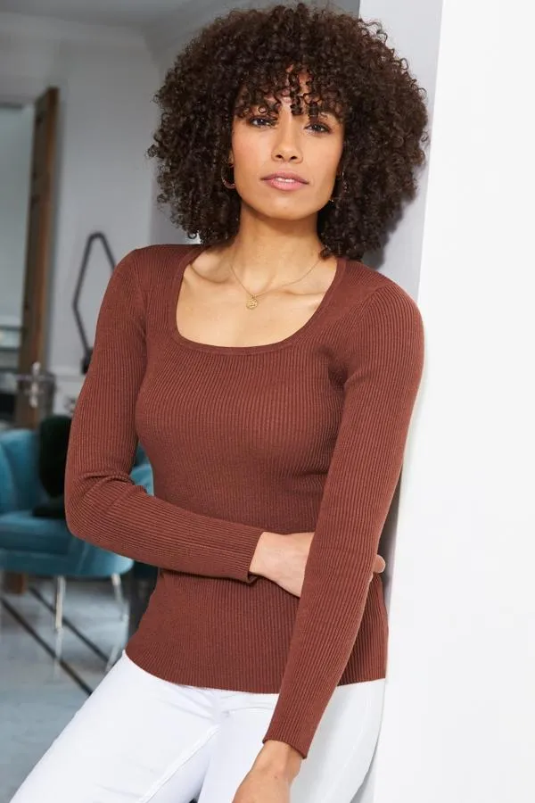 Sosandar Knitwear Women Chocolate Ribbed Scoop Neck Fine Knit Jumper