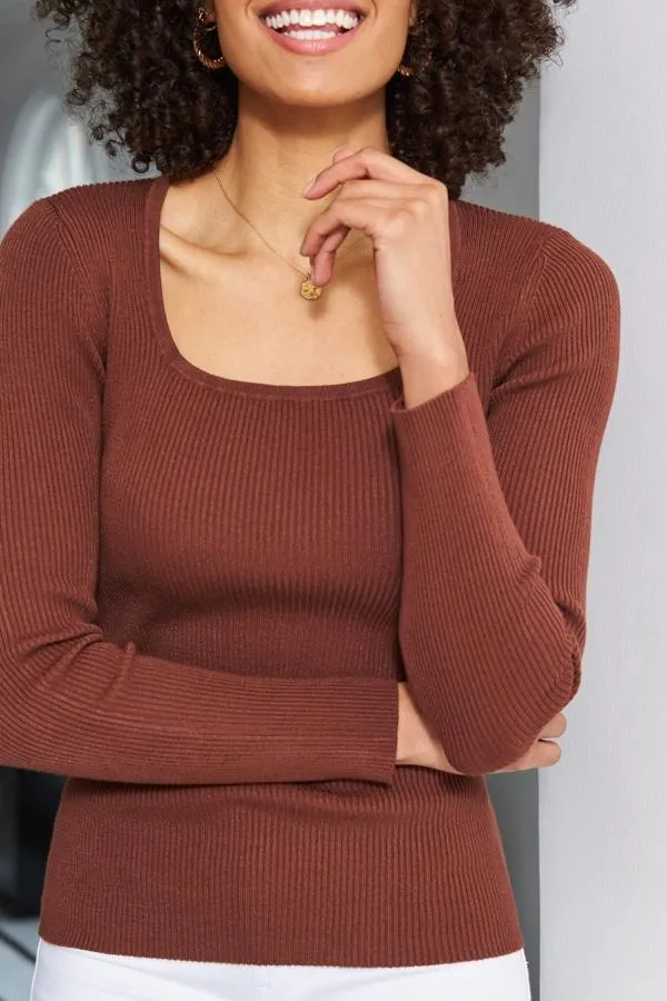 Sosandar Knitwear Women Chocolate Ribbed Scoop Neck Fine Knit Jumper