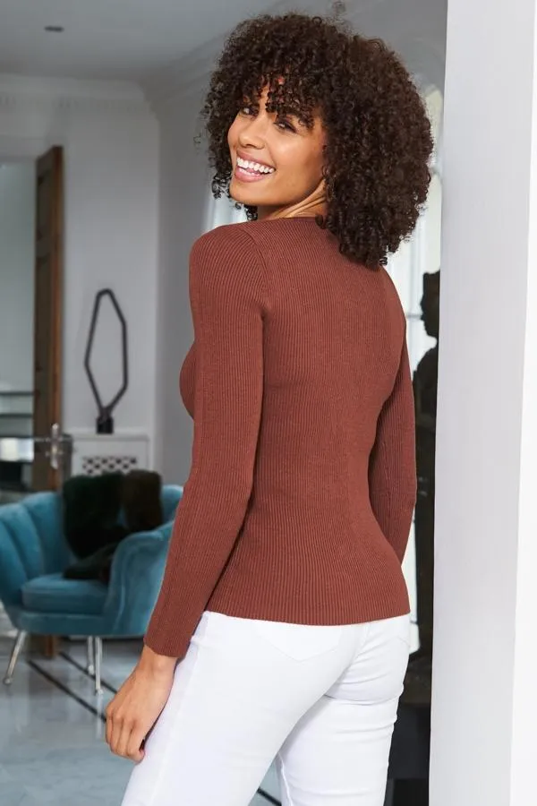Sosandar Knitwear Women Chocolate Ribbed Scoop Neck Fine Knit Jumper