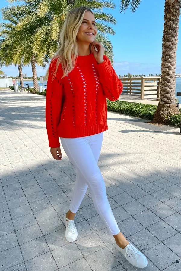 Sosandar Knitwear Women Red Open Stitch Cable Knit Jumper Red
