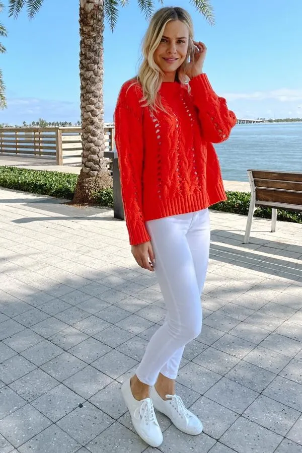 Sosandar Knitwear Women Red Open Stitch Cable Knit Jumper Red