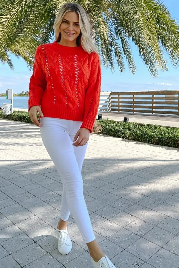 Sosandar Knitwear Women Red Open Stitch Cable Knit Jumper Red