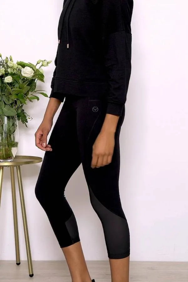 Sosandar Leisurewear Women Black High Waisted Mesh Detail Cropped Activewear Leggings Black