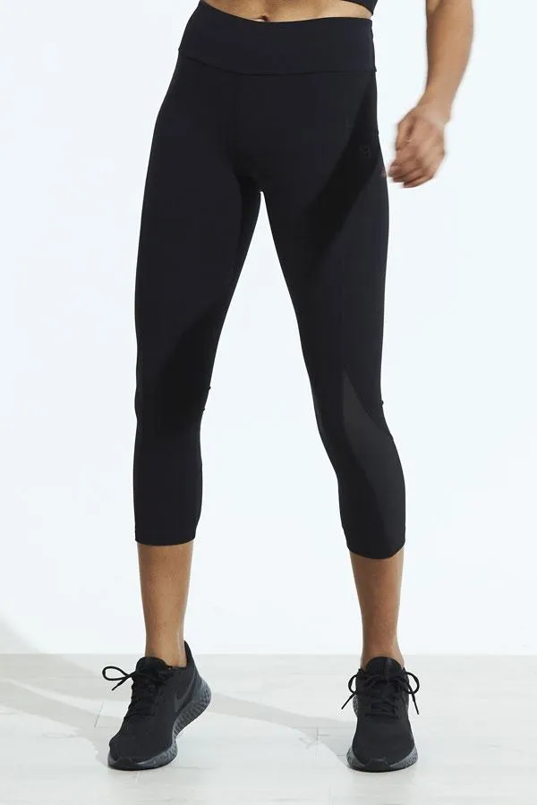 Sosandar Leisurewear Women Black High Waisted Mesh Detail Cropped Activewear Leggings Black