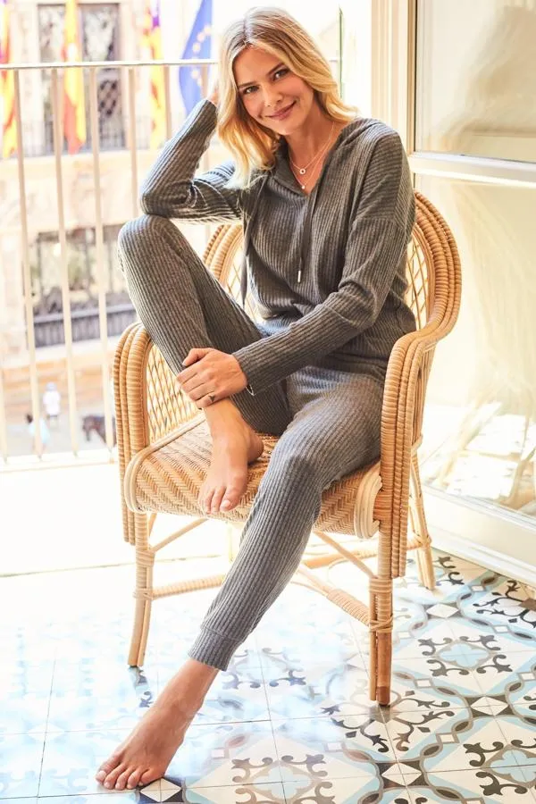 Sosandar Leisurewear Women Charcoal Grey Ribbed Super Soft Loungewear Slim Leg Joggers Charcoal Grey