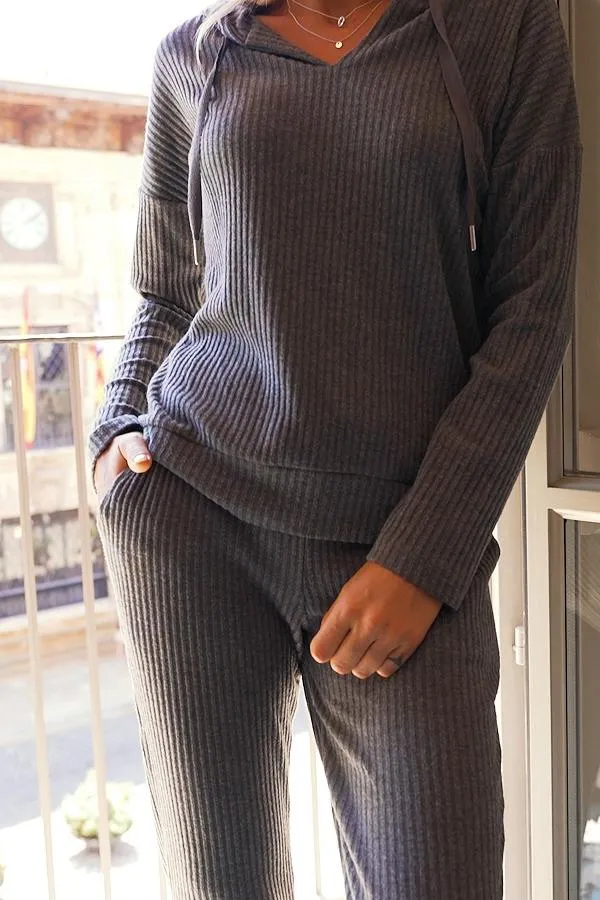 Sosandar Leisurewear Women Charcoal Grey Ribbed Super Soft Loungewear Slim Leg Joggers Charcoal Grey