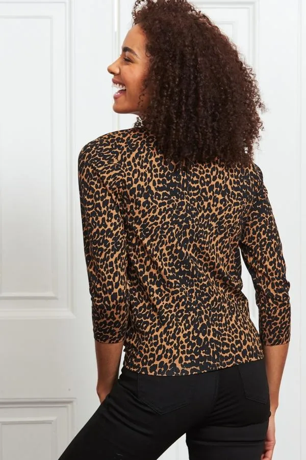 Sosandar Leisurewear Women Leopard Print Premium Jersey Tie Front 34 Sleeve Top