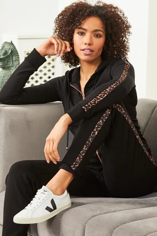 Sosandar Loungewear Women Black Leopard Stripe Hooded Top With Rose Gold Trim Black