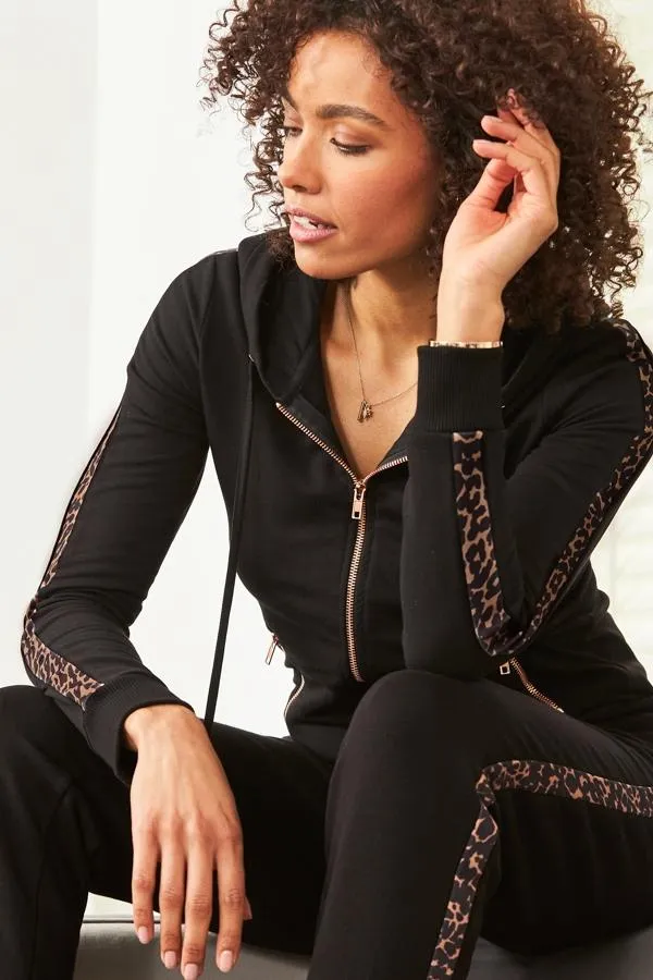 Sosandar Loungewear Women Black Leopard Stripe Hooded Top With Rose Gold Trim Black