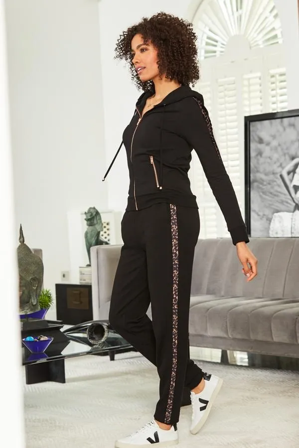 Sosandar Loungewear Women Black Leopard Stripe Hooded Top With Rose Gold Trim Black
