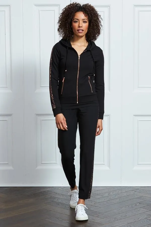 Sosandar Loungewear Women Black Leopard Stripe Hooded Top With Rose Gold Trim Black
